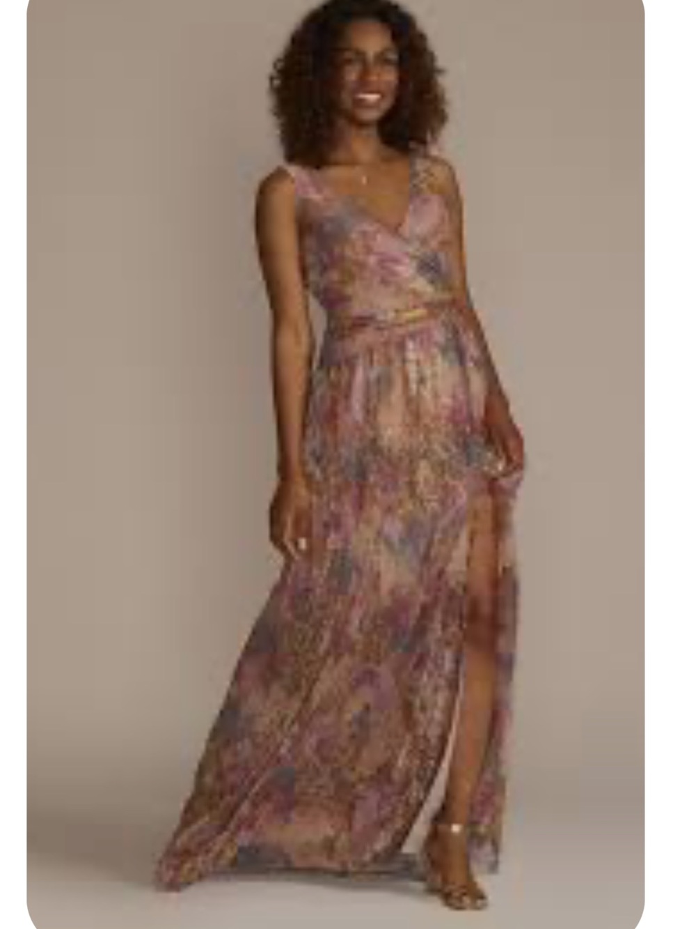David’s Bridal Studio Floral Maxi Dress in pink tones with gold threads Size 20